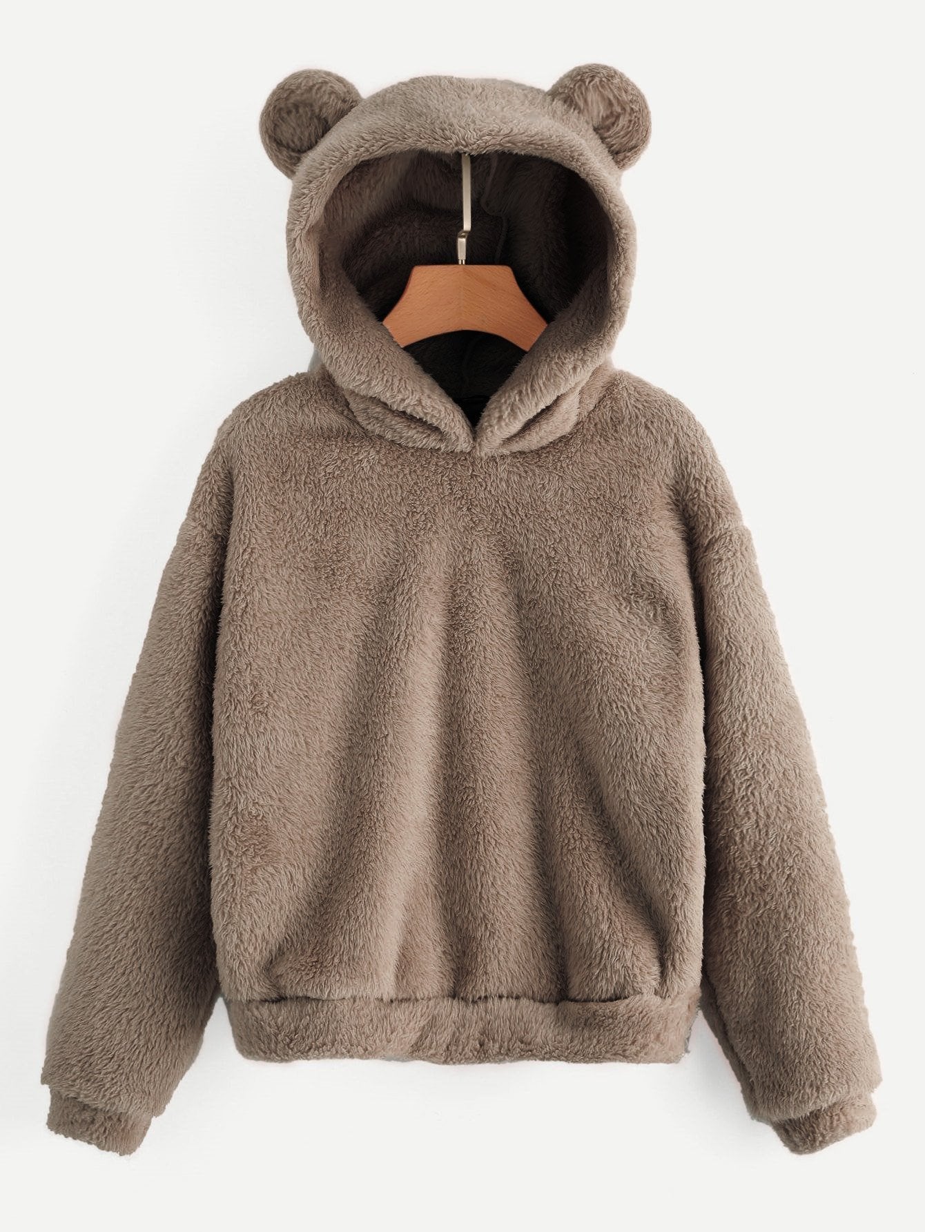 Drop Shoulder Solid Teddy Hoodie With Bear Ears - INS | Online Fashion Free Shipping Clothing, Dresses, Tops, Shoes