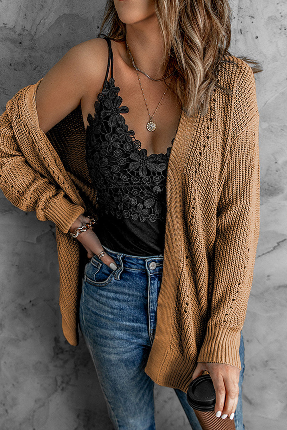 Drop Sleeve Cable Knit Cardigan With Slits - Sweaters & Cardigans - Sunny Angela