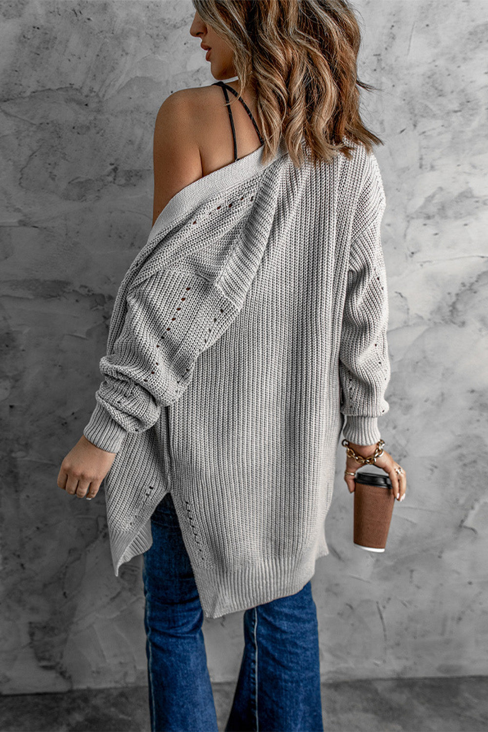 Drop Sleeve Cable Knit Cardigan With Slits - Sweaters & Cardigans - Sunny Angela