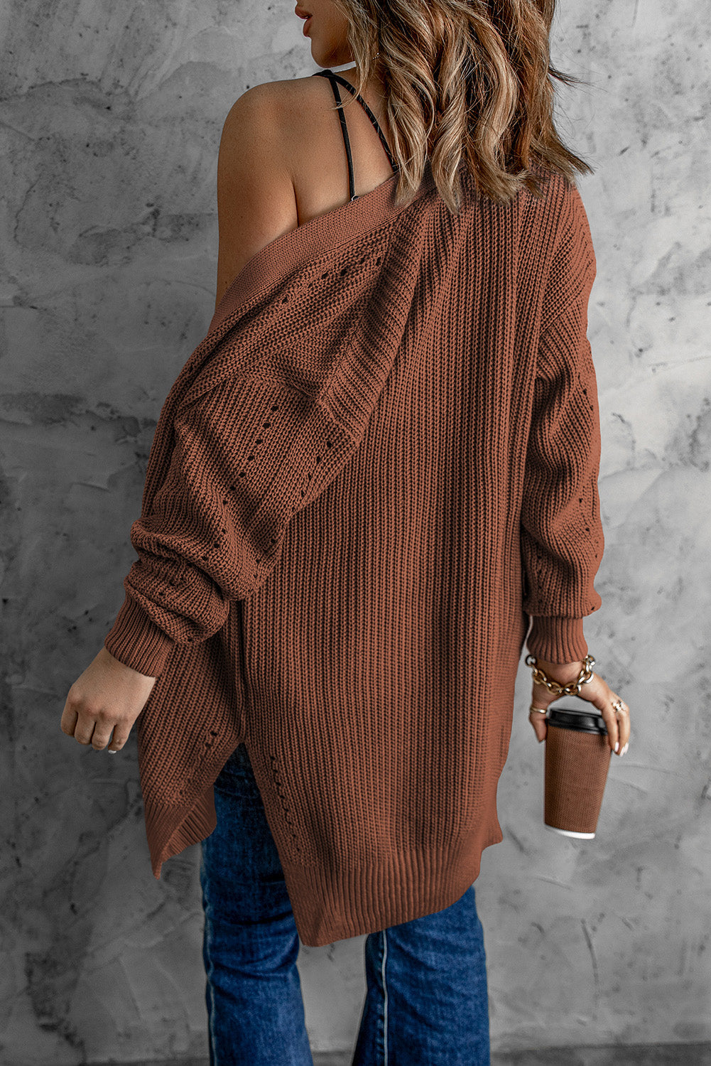 Drop Sleeve Cable Knit Cardigan With Slits - Sweaters & Cardigans - Sunny Angela