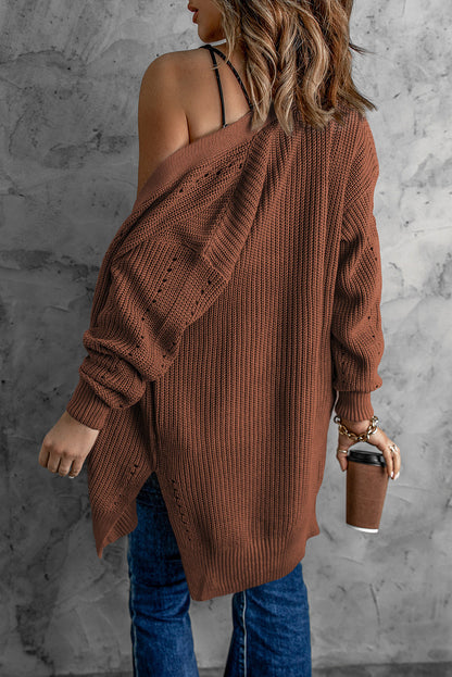 Drop Sleeve Cable Knit Cardigan With Slits - Sweaters & Cardigans - Sunny Angela