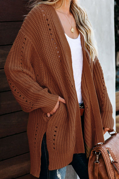 Drop Sleeve Cable Knit Cardigan With Slits - Sweaters & Cardigans - Sunny Angela