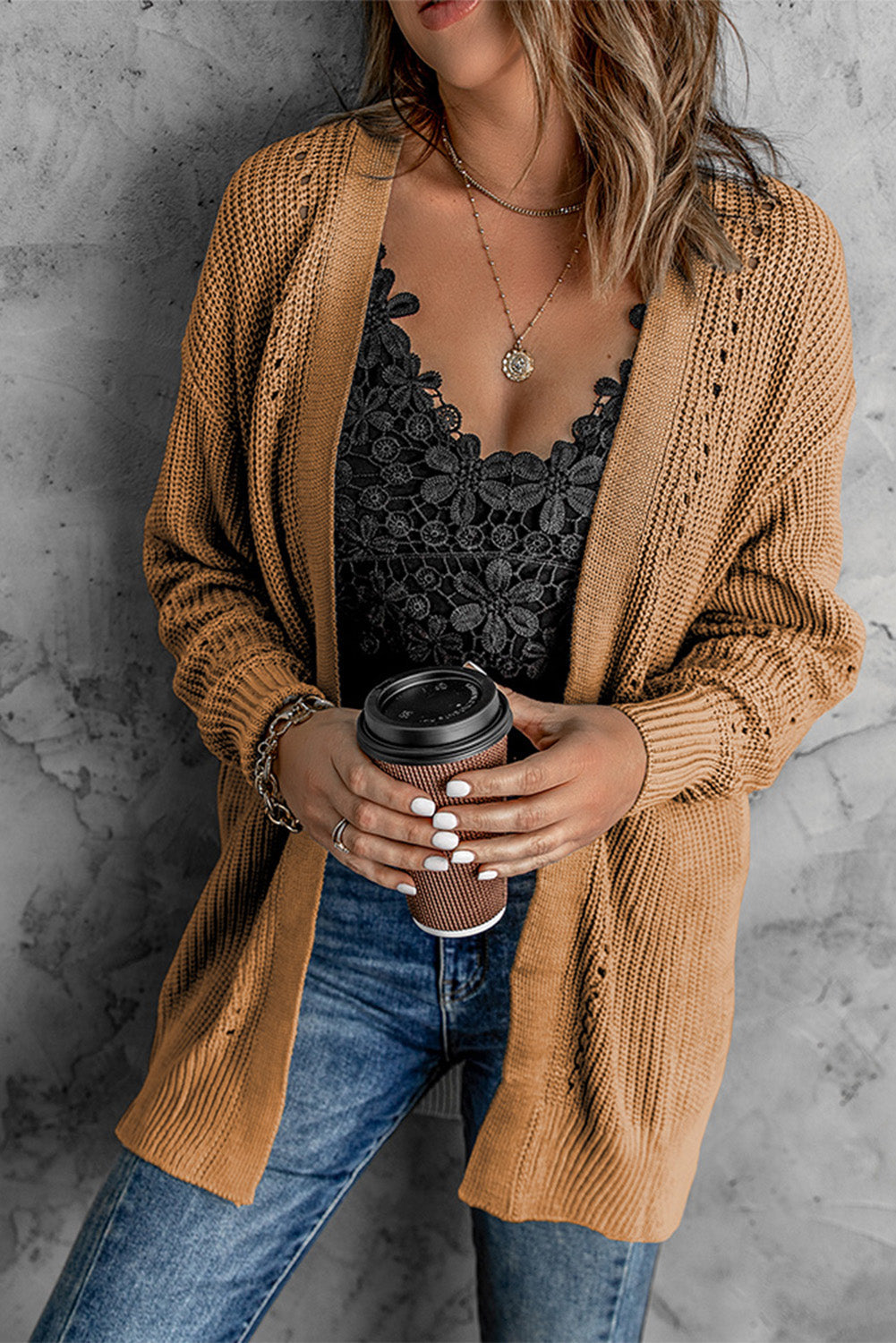 Drop Sleeve Cable Knit Cardigan With Slits - Sweaters & Cardigans - Sunny Angela