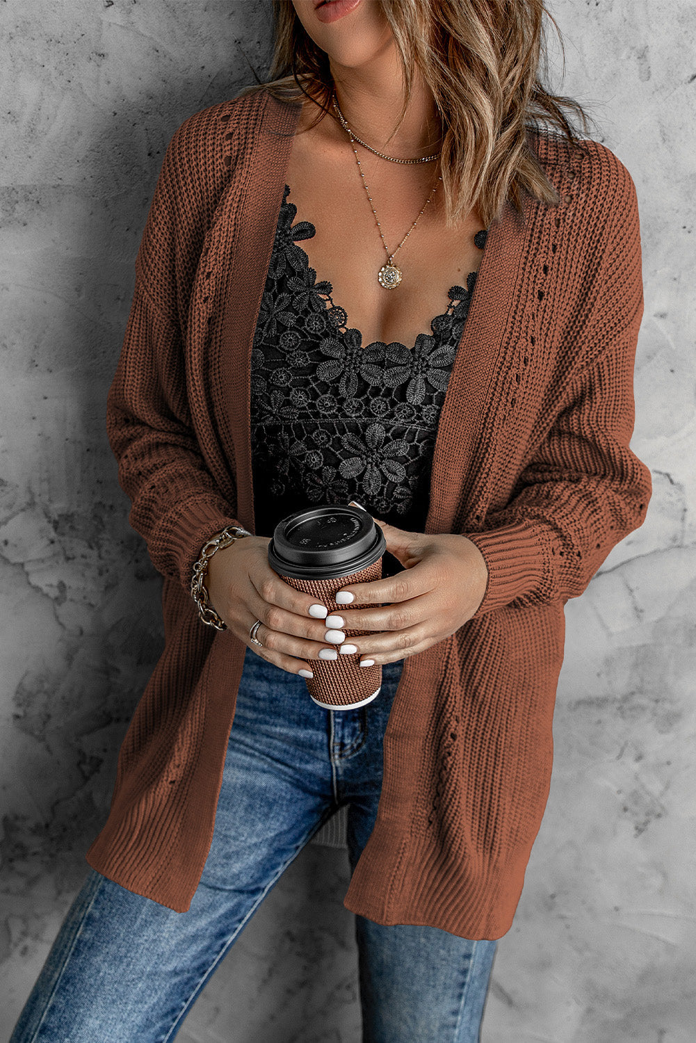 Drop Sleeve Cable Knit Cardigan With Slits - Sweaters & Cardigans - Sunny Angela