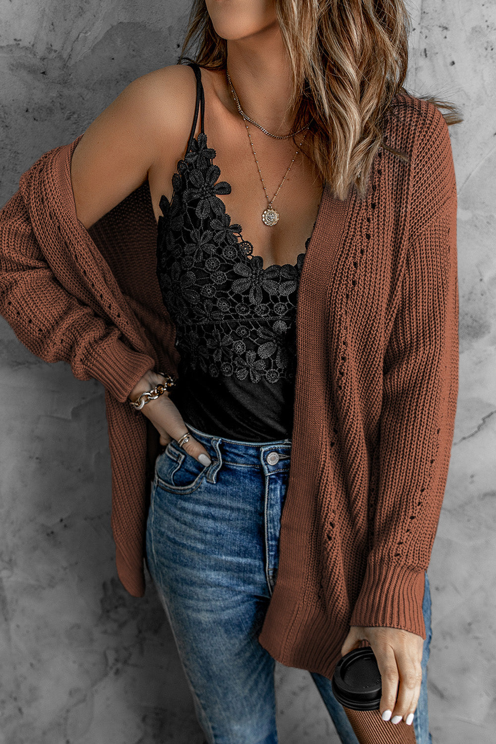 Drop Sleeve Cable Knit Cardigan With Slits - Sweaters & Cardigans - Sunny Angela