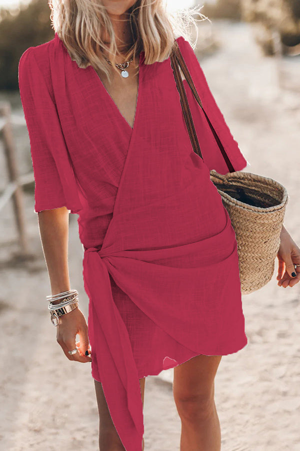 Fannie® | Cotton Linen Blend Knotted Wrap Mini Dress