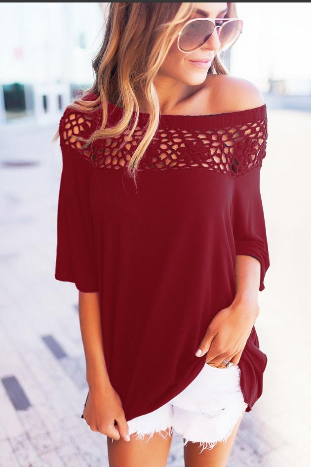 Pure Color Lace Off Shoulder Half Sleeves Blouse