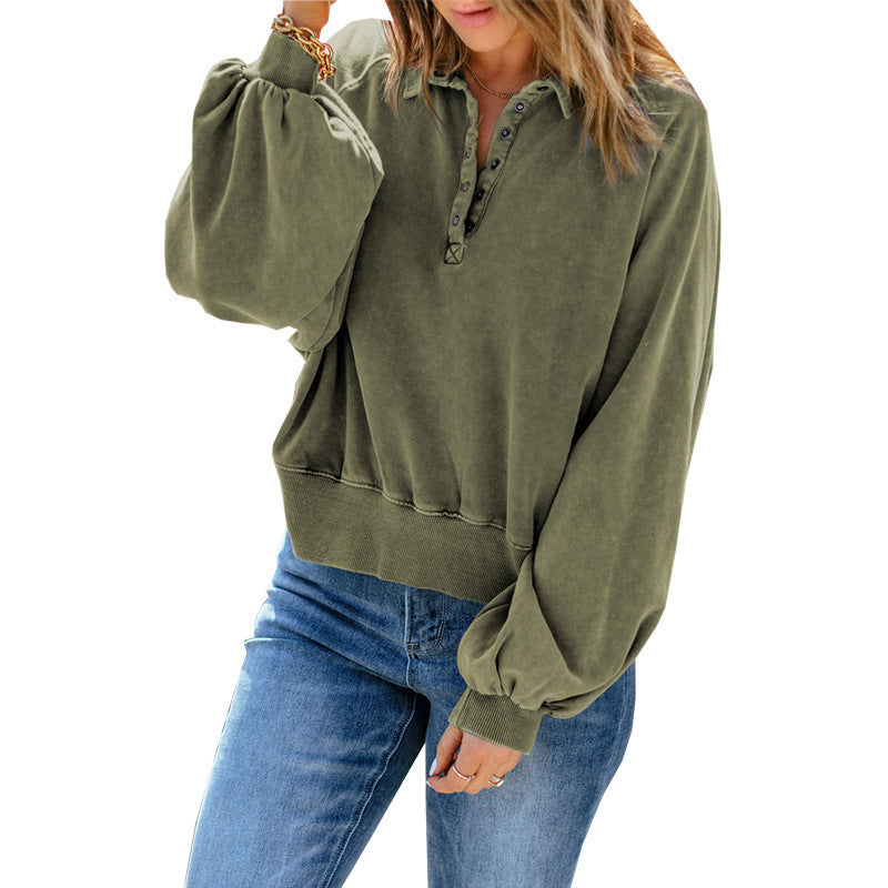 Women’s Loose Fit V-Neck Button Collar Sweatshirt