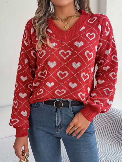 Heart Pattern V-Neck Long Sleeve Sweater - Body By J'ne