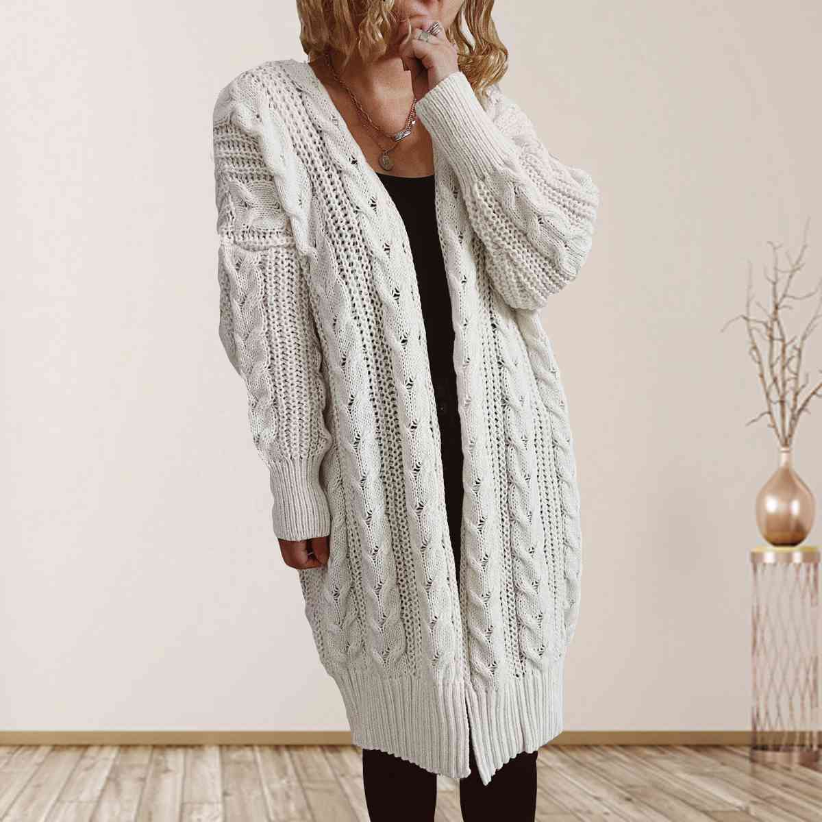 Cable-Knit Open Front Dropped Shoulder Cardigan king-general-store-5710.myshopify.com