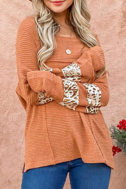 Waffle-Knit Leopard Long Sleeve Slit Blouse Shirts & Tops Krazy Heart Designs Boutique   