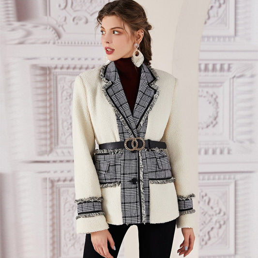 Elegant Lambswool Stitching Shoulder Blazer for Autumn and Winter    