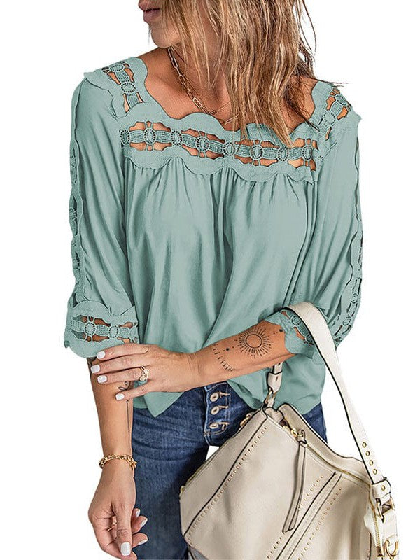 Elegant Loose Lace Pullover with Square Collar for Women