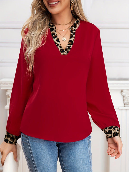 Elegant Non-Sheer V-Neck Blouse with Contrast Trim – Chic Long Sleeve Polyester Top, All-Season Style - Shop & Buy