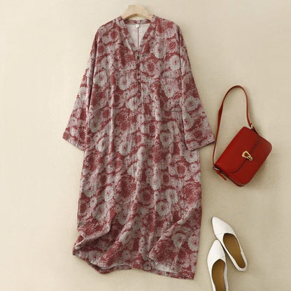 Elegant Printed V-Neck Cotton Linen Dresses