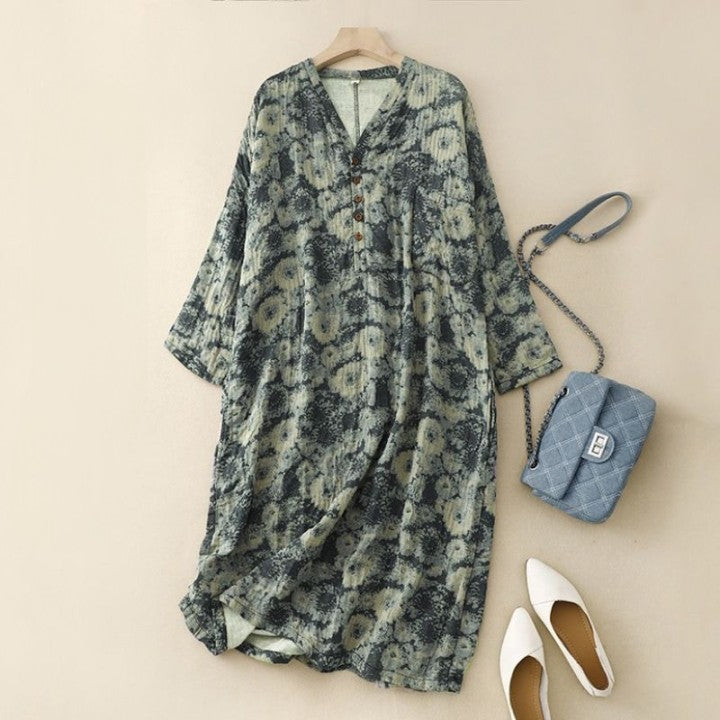 Elegant Printed V-Neck Cotton Linen Dresses