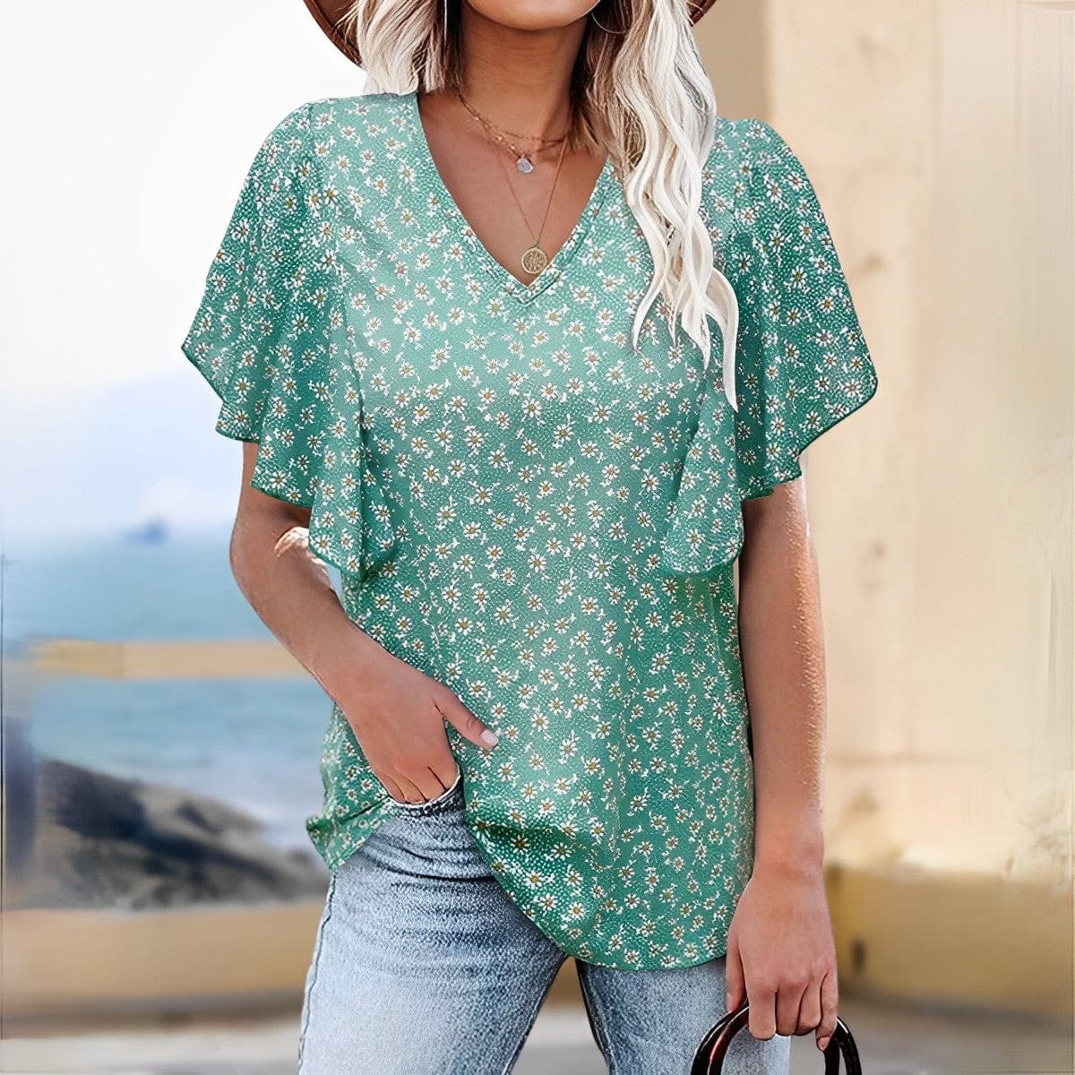 Elle&Vire® - Bluse mit V-Ausschnitt und Blumendruck