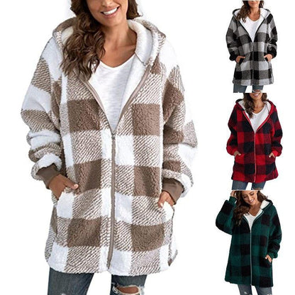 European And American Plush Women's Coat Long Sleeved Plaid - Trendha