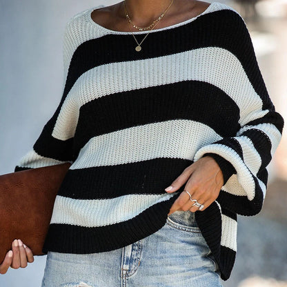 Slash Neck Balloon Sleeve Striped Sweater