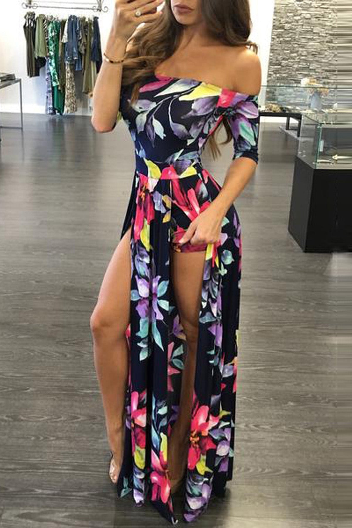 Off Shoudler Short Sleeves Floral Print Long Split Dress