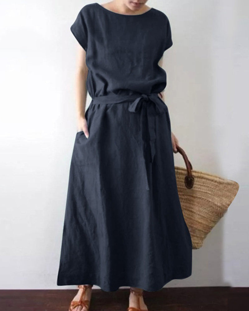 Long Maxi Crew Neck Dress With Belt High Waist With Pockets Conton Linen Dress