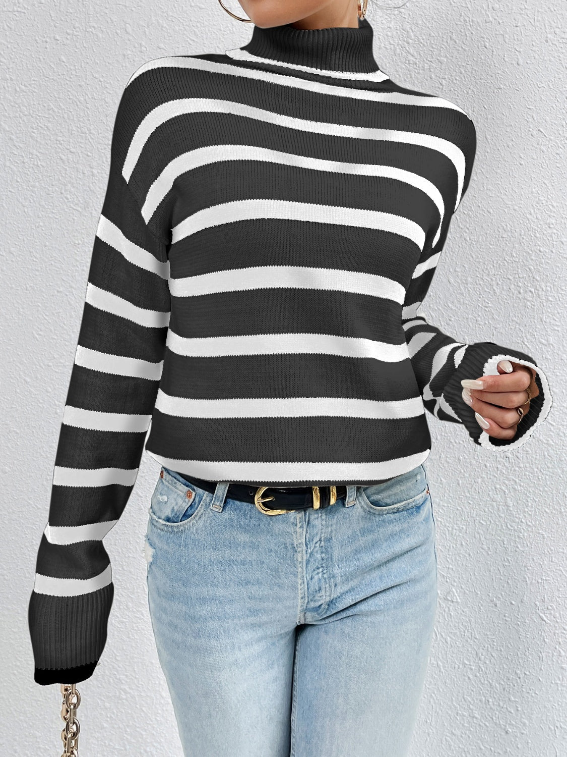 Striped Turtleneck Drop Shoulder Sweater White clothes long sleeve shirt Ship From Overseas striped sweater sweater Yh