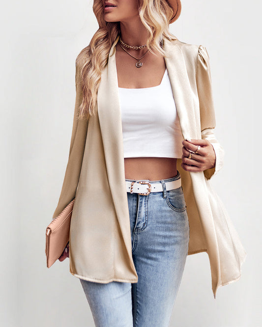 solid color puff sleeve open blazer shawl collar open cardigan