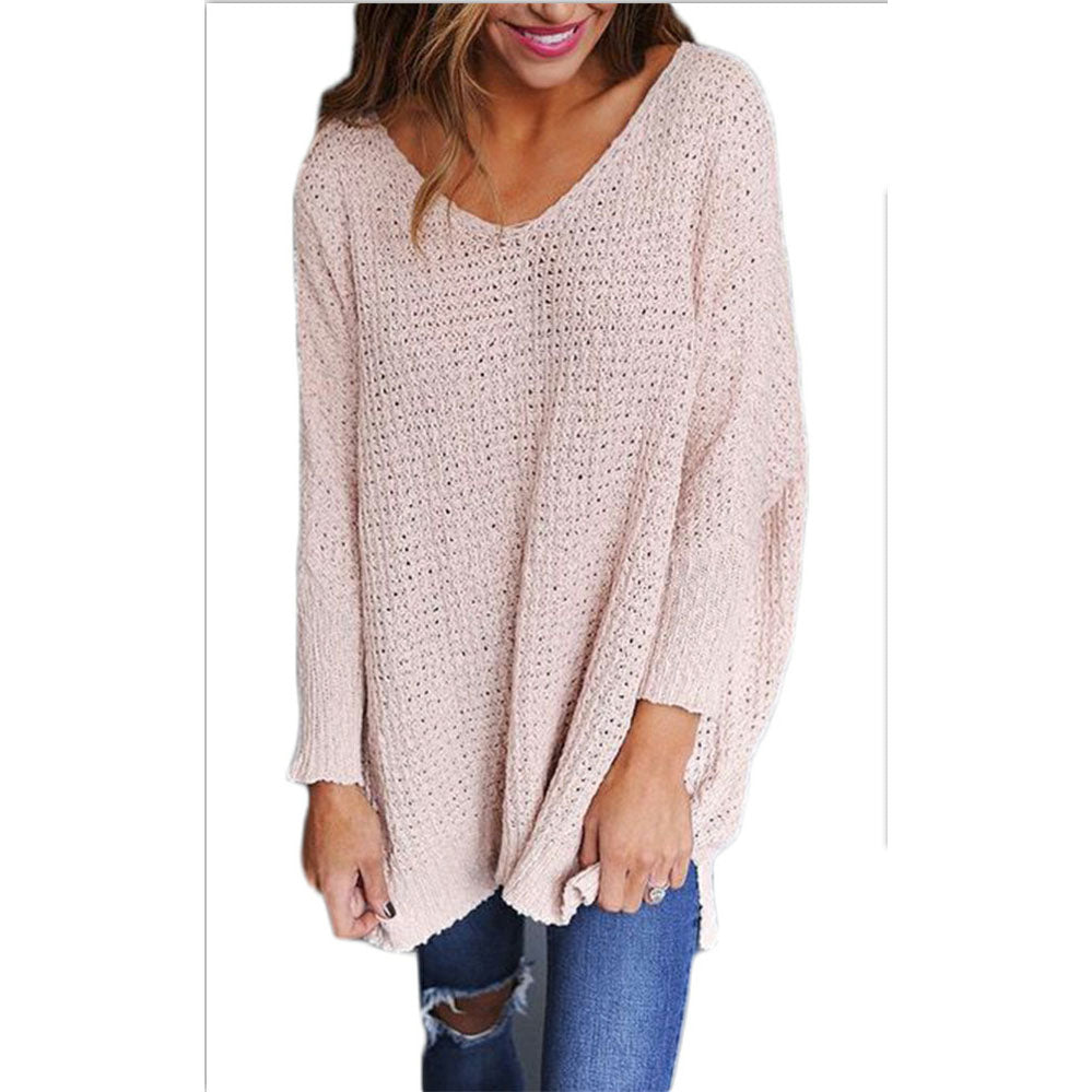 Solid Color V-neck Loose Long Pullover Sweater