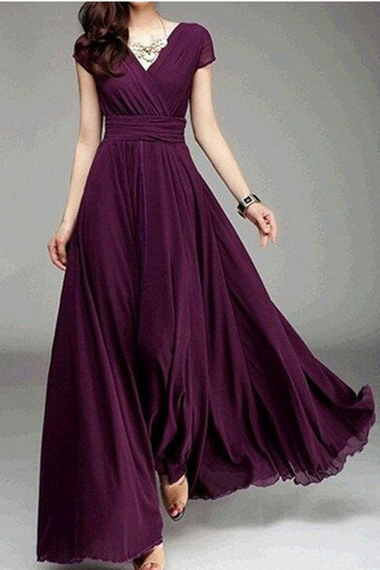 V-neck Pure Color High Waist Long Party Dress