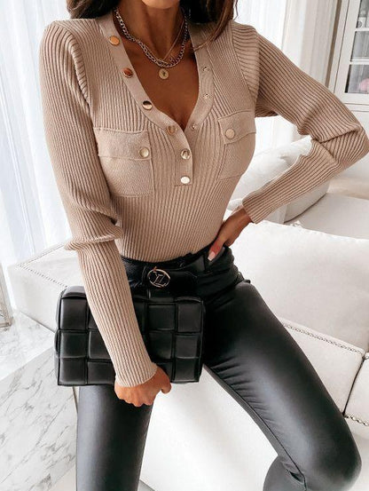 Fashion Pocket V-neck Long-sleeved Top - LuckyFash™