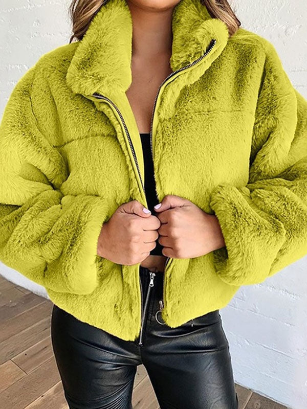 Faux Fur Coats For Women Long Sleeves Casual Stretch Stand Collar Khaki Winter Coat