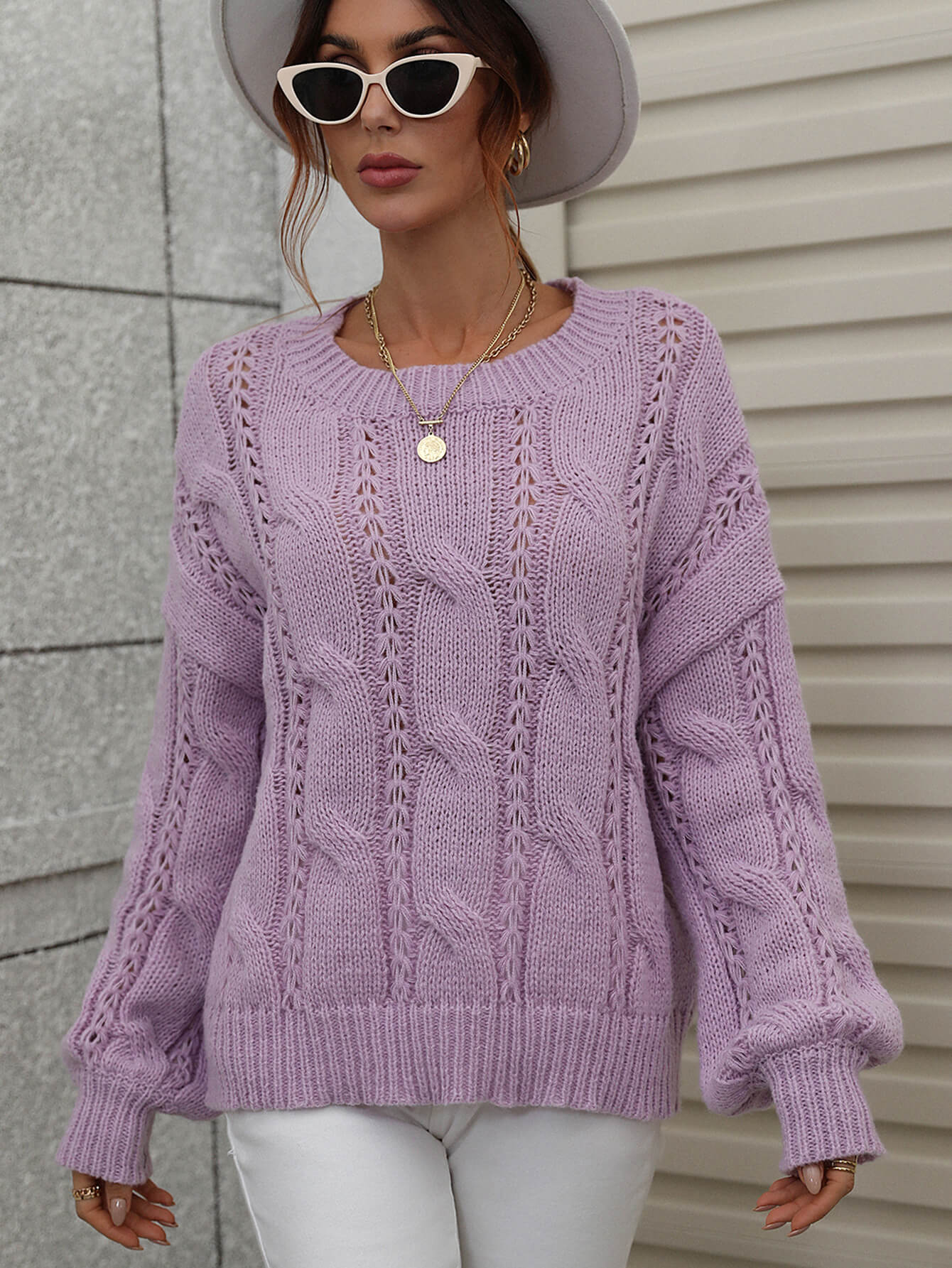 Sienna One On One Cable-Knit Openwork Round Neck Sweater