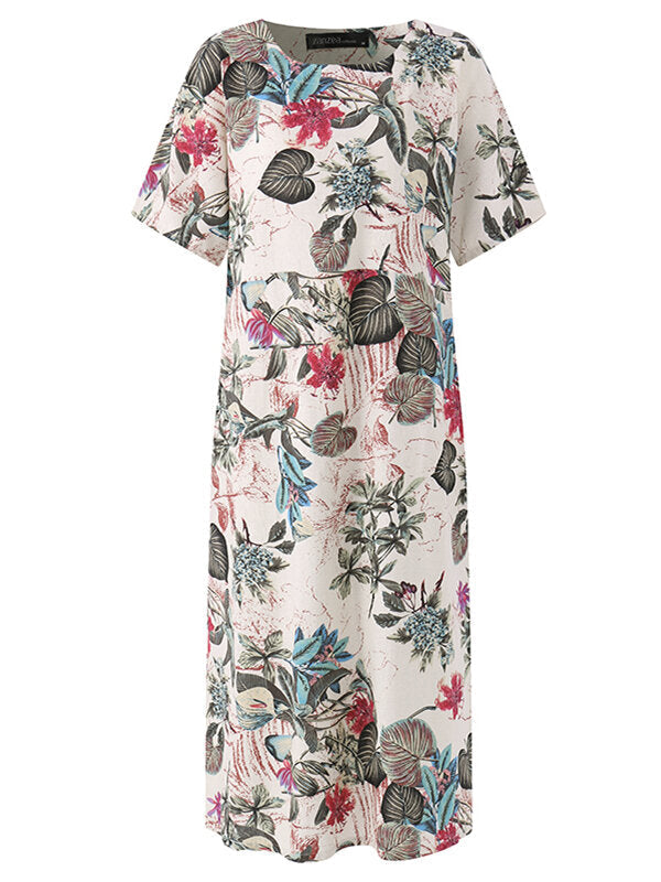 Vintage Retro Short Sleeve Cotton Floral Women Maxi Dress