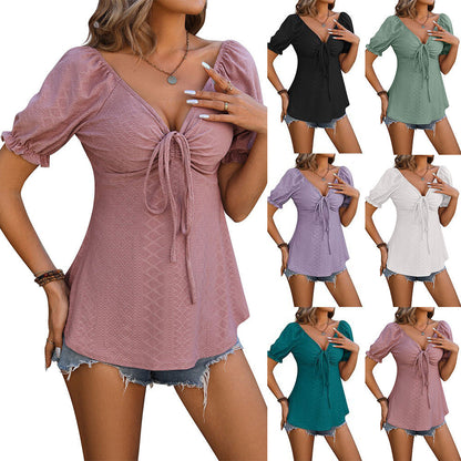 Jennifer® | Women's V-Neck Drawstring Short Sleeve Top