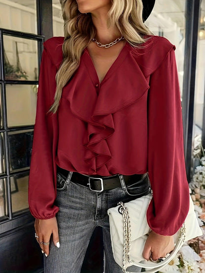 Flirty Ruffle Trim Solid Blouse - Chic V-Neck Lantern Sleeve Top for Women - Everyday Sophistication - Shop & Buy