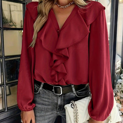 Flirty Ruffle Trim Solid Blouse - Chic V-Neck Lantern Sleeve Top for Women - Everyday Sophistication - Shop & Buy