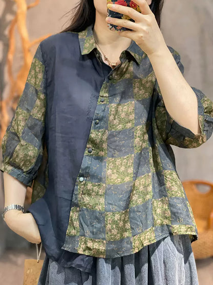 Floral Asymmetric Mid-Sleeve Cotton and Linen Shirt