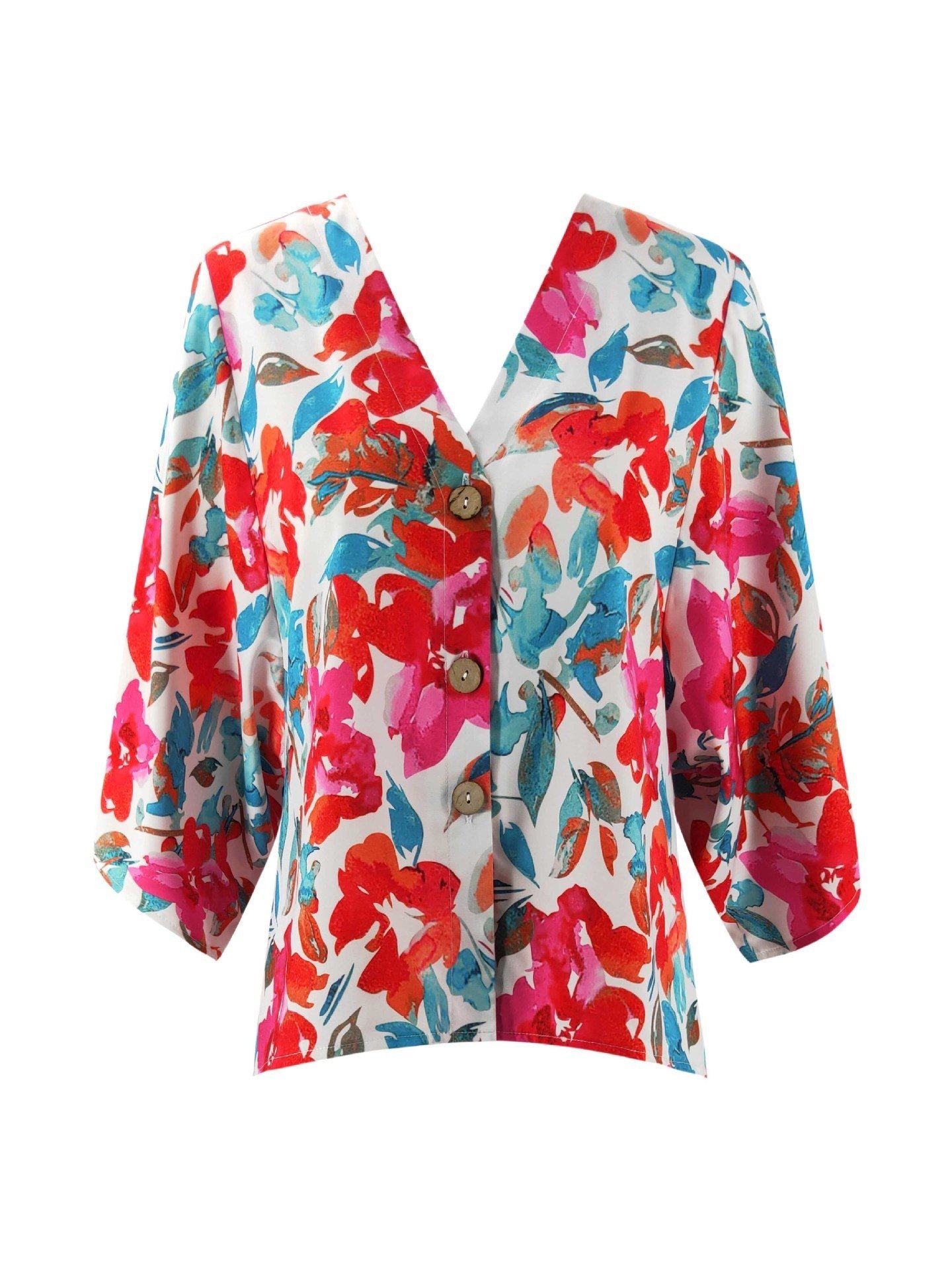 Amelia® | Floral Batwing Ärmel Knöpfe Top