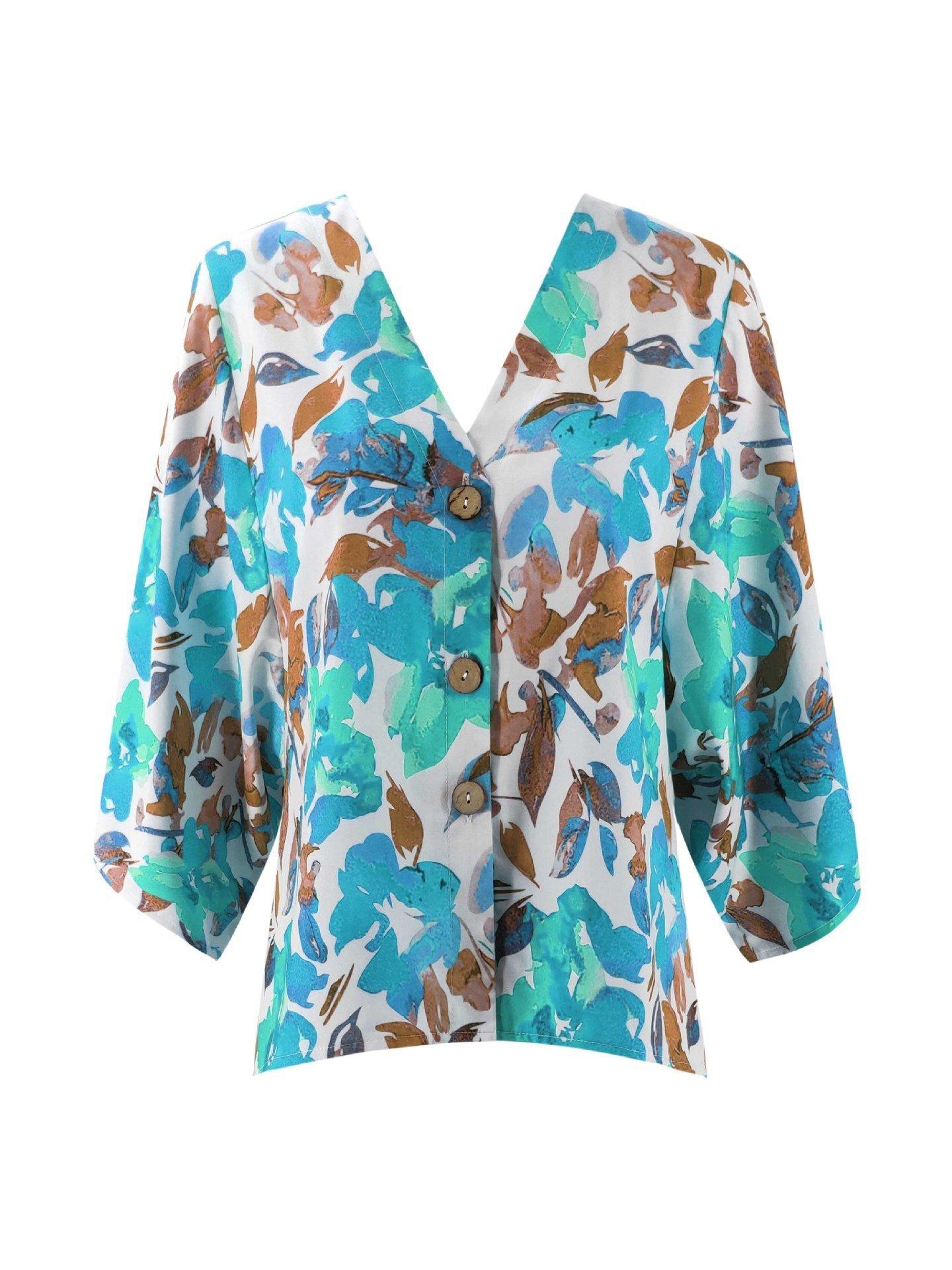 Amelia® | Floral Batwing Ärmel Knöpfe Top