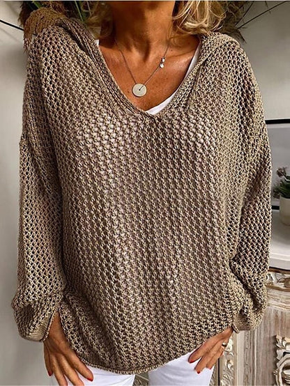 Women's Pullover Sweater Jumper Jumper Crochet Knit Hole Solid Color Hooded Stylish Casual Daily Going out Summer Spring Yellow Red S M L - LuckyFash™