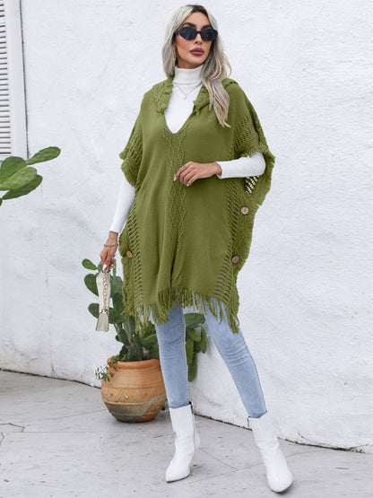 Fringe Trim Buttoned Hooded Poncho - Opulent EmpireFringe Trim Buttoned Hooded PonchoOpulent EmpireClothing