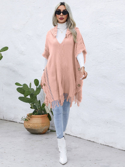 Fringe Trim Buttoned Hooded Poncho - Opulent EmpireFringe Trim Buttoned Hooded PonchoOpulent EmpireClothing