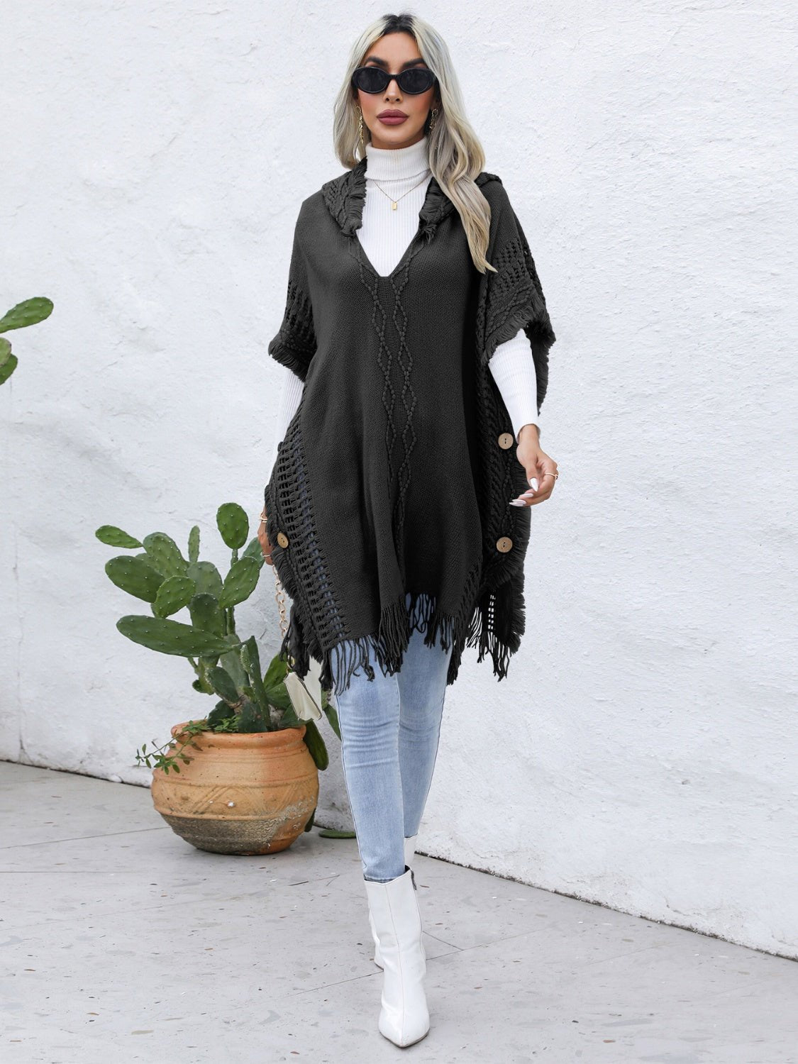 Fringe Trim Buttoned Hooded Poncho - Opulent EmpireFringe Trim Buttoned Hooded PonchoOpulent EmpireClothing