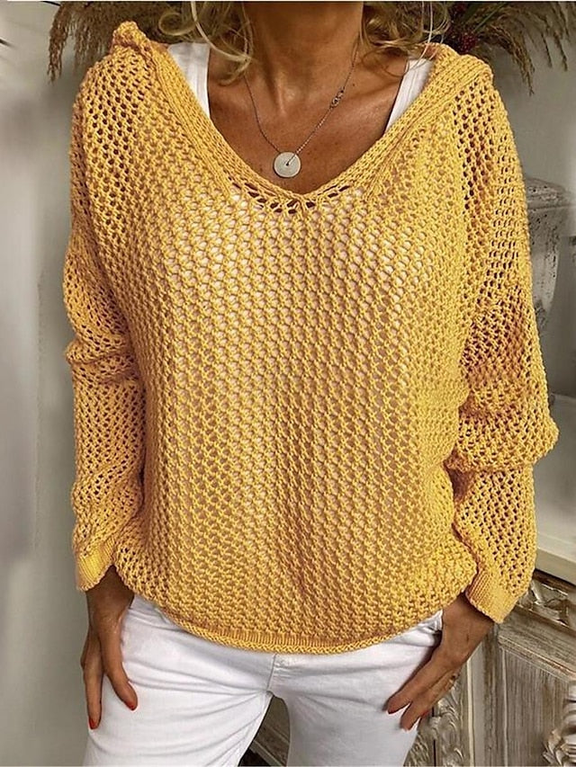 Women's Pullover Sweater Jumper Jumper Crochet Knit Hole Solid Color Hooded Stylish Casual Daily Going out Summer Spring Yellow Red S M L - LuckyFash™