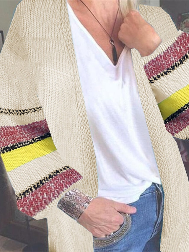 Women's Cardigan Knitted Rainbow Color Block Basic Casual Long Sleeve Loose Sweater Cardigans Open Front Fall Spring Pink Light Green Beige / Daily / Holiday - LuckyFash™