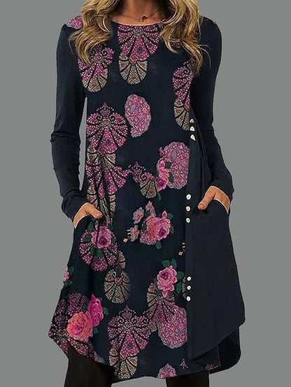 Women's Casual Dress T Shirt Dress Tee Dress Ethnic Dress Mini Dress Black Light Green Pink Long Sleeve Floral Pocket Winter Fall Spring Crew Neck Basic Winter Dress Daily Vacation 2023 S M L XL XXL - LuckyFash™