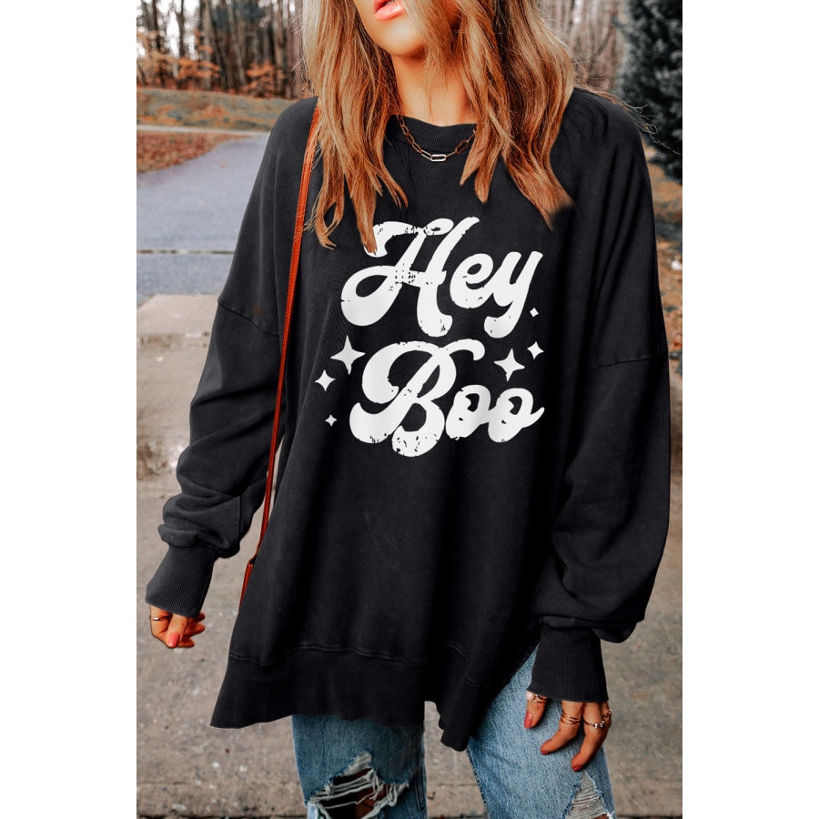 HEY BOO Graphic Round Neck Sweatshirt