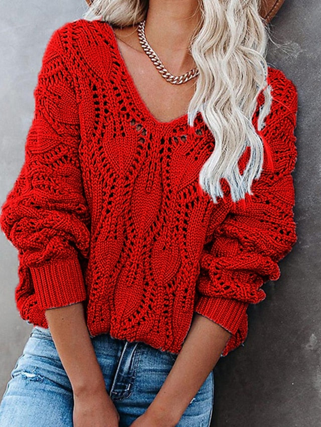 Women's Jumper Crochet Knit Hollow Out Knitted Solid Color V Neck Stylish Sexy Daily Going out Drop Shoulder Winter Fall Blue Orange S M L / Long Sleeve / Sweater / Regular Fit - LuckyFash™