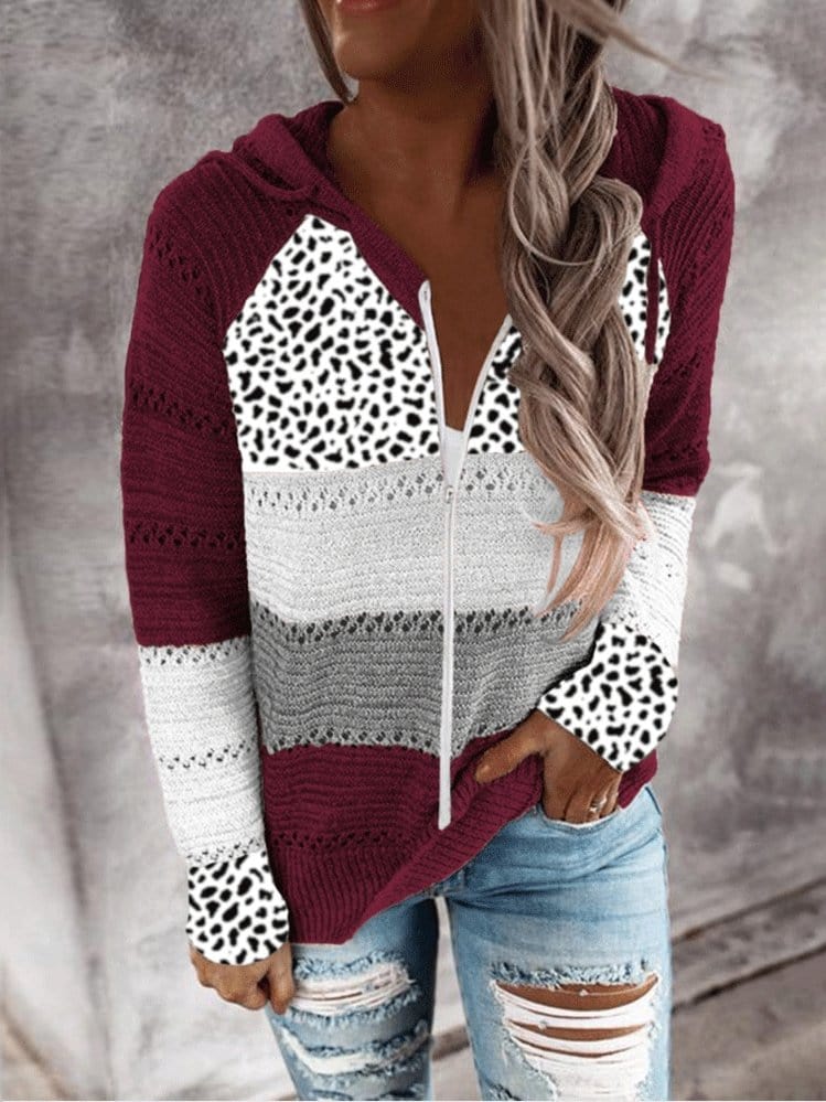 Hoodies Striped Leopard Panel Zip Hooded Sweater for Women