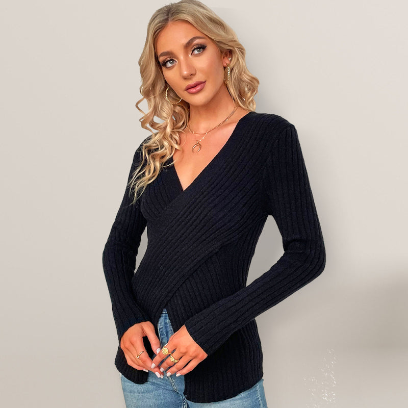 Women's V-Neck Crossover Long Sleeve Sweater in 5 Colors S-XL - Wazzi's Wear